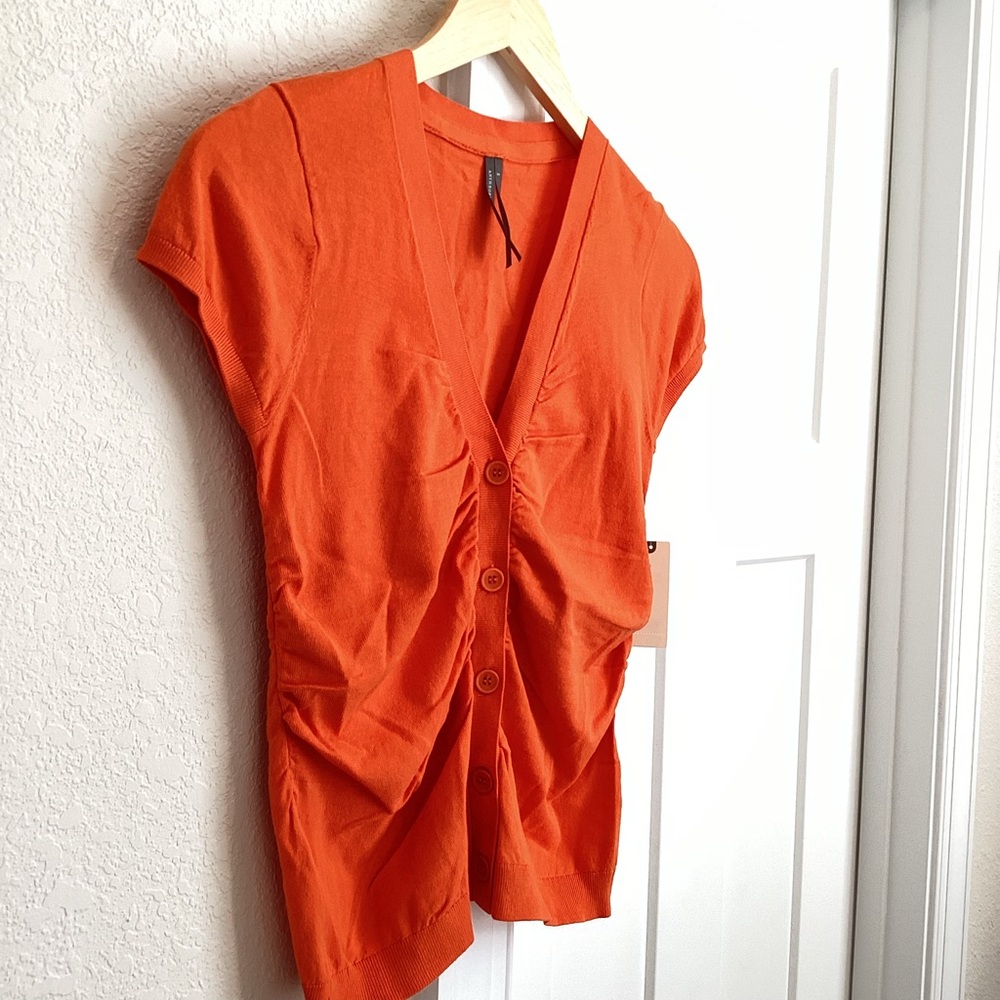 Anthropologie Cardigan Ruched Short-Sleeve V-Neck Sweater NEW Orange - Picture 6 of 12